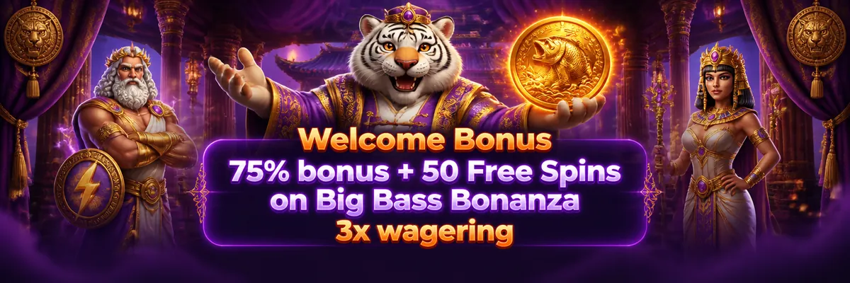 Smiling white tiger in an ornate Chinese-style robe holds a glowing coin inside a purple fantasy palace, with orange spotlights and a rounded bonus panel.